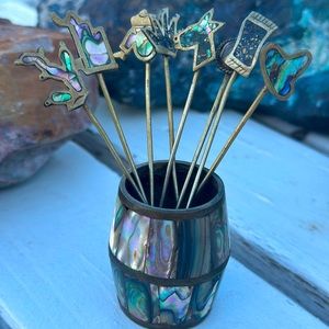 Rare Vintage Unique Sterling Silver Alpaca Abalone Mexican Pick Forks w/Holder